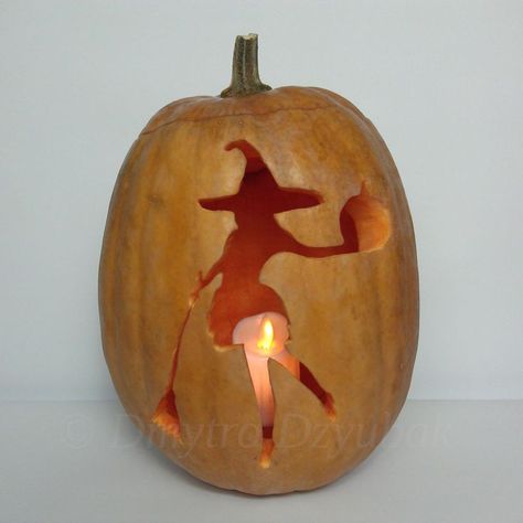 Witch with a Broomstick and a Pumpkin carved on the pumpkin. Pumpkin with candle inside. Pagan Pumpkin Carving, Pumkin Carving Ideas Pregnant, Pumpkin Carving Pregnancy Ideas, Whimsigoth Pumpkin Carving, Witchy Carved Pumpkins, Witch Broom, Halloween Candles, A Pumpkin, Spider Web