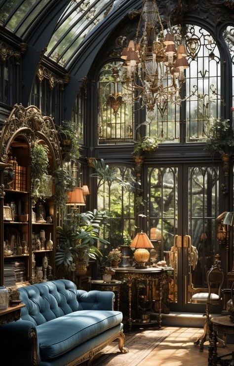 Tropical Dark Academia, Dark Conservatory, Castle Inspiration, Vintage Mansion, Greenhouse Interiors, Fantasy Rooms, Magical Home, Academia Fashion, Plant Aesthetic