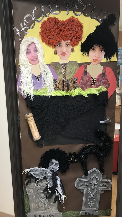 Halloween Door Decorations High School, Hocus Pocus Office Door Decorations, Halloween Classroom Door Hocus Pocus, Halloween Door Competition Ideas, Hocus Pocus Door Decoration, Fall Office Door Decorating Contest, Hocus Pocus Door Decorations, Hocus Pocus Door Decorations For School, Hocus Pocus Diy Decorations