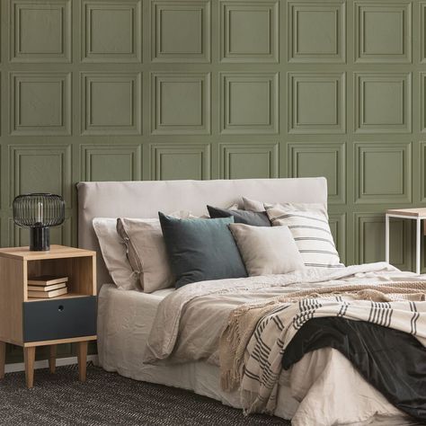 Panel Wallpaper, Sage Green Wallpaper, Wallpaper Furniture, Green Sage, Teal Wallpaper, Wood Interior, 60 Fashion, Green Wood, Living Wall