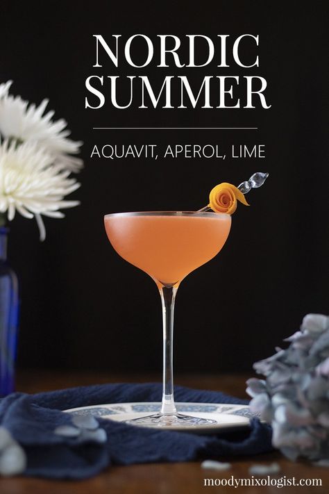 Nordic Summer - An Aquavit & Aperol Cocktail - Moody Mixologist Cocktail Trends 2023, Nordic Cocktails, 2024 Cocktails, Aquavit Cocktails, Moody Mixologist, Chambord Cocktails, Syttende Mai, Scandi Girl, Themed Cocktails