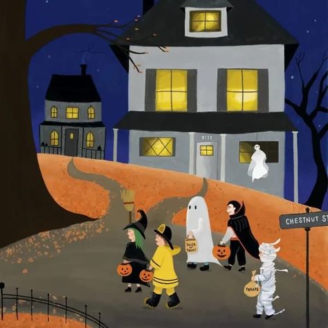 Children's book illustration of children in costume trick or treating. Path Inktober, Kids Book Illustration, Trick Or Treat Artwork, Halloween Cats Illustration, Trick Or Treating Illustration, Halloween Forest Illustration, Front Of A House, Black Cat Halloween Illustration, Halloween Books For Kids