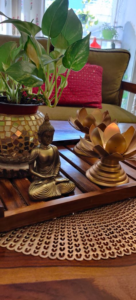 Buddha Decor Living Room, Indian Floral Decor, Office Table Decor, Brass Decoration, Indian Room, Indian Room Decor, Zen Zone, Gautam Buddha, Colourful Living Room Decor