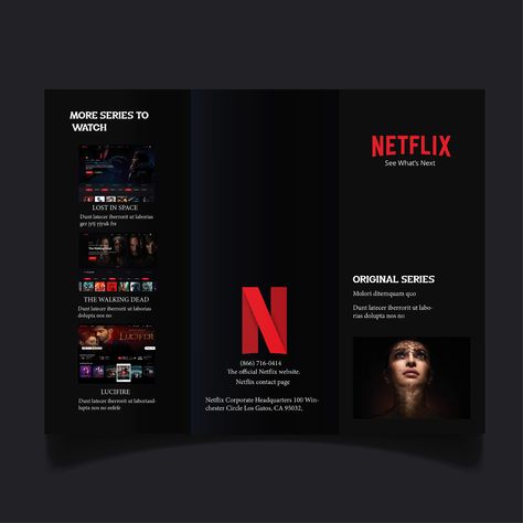 Netflix Ads, Movie Brochure, Netflix Website, Yearbook Themes, Trifold Brochure Design, Youtube Design, Brand Book, Branding Graphic Design, Lost In Space