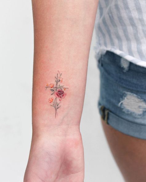 Small Cardinal Tattoo With Flowers, Dainty Cross Tattoo, Rose Cross Tattoo, Cross With Roses Tattoo, Minimalist Christian Tattoo, Minimalist Rose, Cross Tattoos For Women, Small Tattoos With Meaning, Small Flower Tattoos