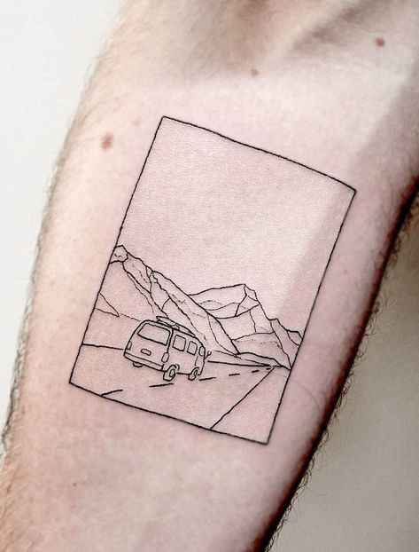 38 Travel Tattoos And Symbols To Fuel Your Wanderlust - Our Mindful Life Tattoo In Frame Ideas, Van Tattoo Minimal, Travel Minimal Tattoo, Men Car Tattoo Ideas, Take The Road Less Traveled Tattoo, Travel Patchwork Tattoo, Simple Road Tattoo, Camper Van Tattoo Ideas, Minimalist Tattoo Writing