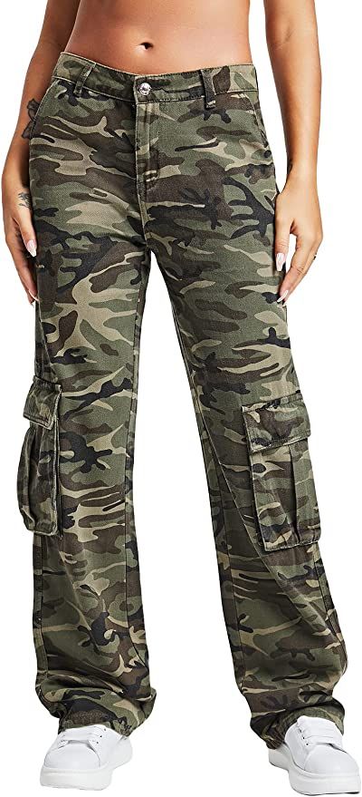 Jeans cargo con estampado de camuflaje para mujer, cintura alta, pierna ancha, pantalones militares Cargo Pants Military Women, Military Camouflage Wide Leg Cargo Jeans, Military Cargo Style Camouflage Jeans, Military-style Camouflage Cargo Jeans With Side Pockets, Military Camouflage Cargo Pants With Hip Pockets, Kpop Songs, Camouflage Cargo Pants, Army Pants, Cotton Cargo Pants