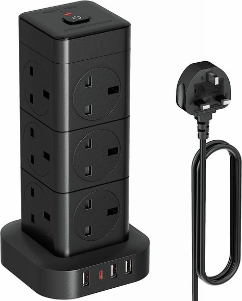 Tower Extension Lead 12 Way 1 Type C 3 USB Ports Multi Plug Black Vertical Power 2M Cord 3250W 13A     Features   Turn 1 Socket into 12 Outlets 4 USB Ports --- 12 way extension lead is able to handle 16 devices simultaneously. This vertical power extension has 4 USB ports. Max output 3.4A/17W in total. USB-C delivering 3.0A Max, each USB-A 2.4A Max. It can automatically detect your devices and deliver the optimal working speed.   Overload Reset Protector --- Tower extension lead with usb has a red reset button. It's activated to break off the power if the electrical current is overloaded. The usb extension lead also has one key ON/OFF power switch. Make it easier to control all outlets/ports at once when not in use.   Space-Saving Vertical Tower Design --- The extension lead with switch fu Extension Plug, Socket Organizer, Extension Lead, Led Accessories, Tower Design, Plug Socket, Extension Cord, Electrical Supplies, Diy Materials