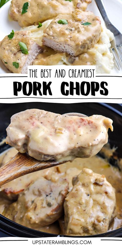 This classic crock pot pork chops with mushroom soup recipe is sure to hit the spot. With just a few simple ingredients and minimal preparation, this recipe is perfect for busy weeknights or lazy weekends. The mushroom soup gives the pork chops a creamy, flavorful sauce that's perfect for serving over mashed potatoes or rice. Pork Chops With Mushroom Soup, Mushroom Soup Pork Chops, Crockpot Mushrooms, Slow Cooker Pork Chops Recipes, Crock Pot Pork Chops, Crock Pot Pork, Pork Chop Recipes Crockpot, Mushroom Soup Recipe, Mushroom Pork Chops