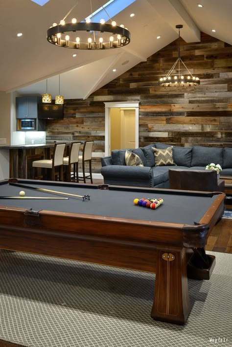 Blue/grey colour scheme including the pool table. Family room or basement with wood walls Game Room Ideas Man Caves, Gambling Table, Room Ideas Men, Granny Pods, Bilik Permainan, Pool Table Room, Recreational Room, Game Room Basement, Pool Room