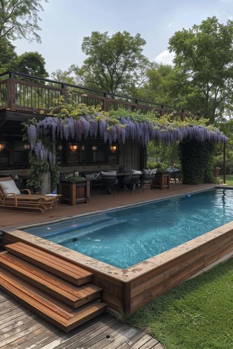 15 Stunning Above Ground Pool Ideas for Your Backyard 43 Landscaping With Pool Backyard, Above Ground Pool With A Deck, Permanent Above Ground Pool, Cool Above Ground Pool Ideas, Pool Off Deck, Yard Pool Ideas, Pool With Deck Above Ground, Pool On Sloped Yard, Pool Decks For Above Ground Pools