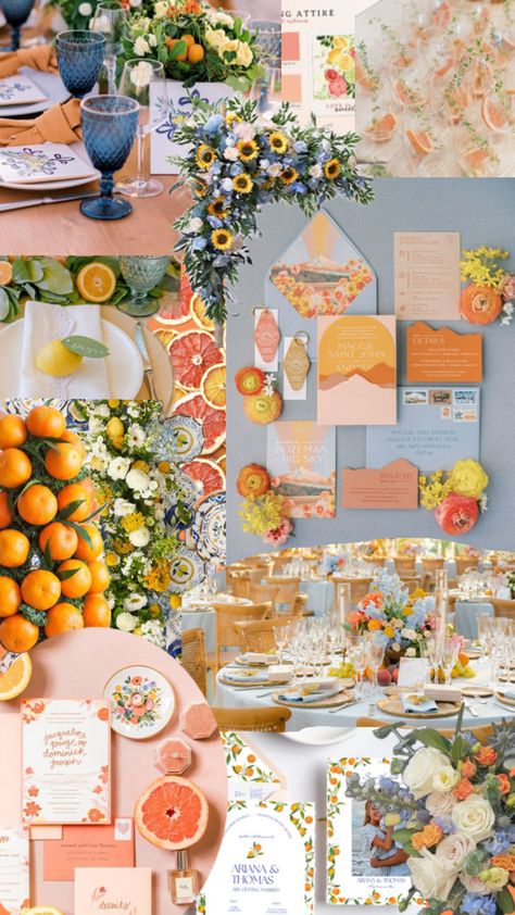 Orange Citrus Wedding, Citrus Wedding Color Palette, Yellow Color Palette Wedding, Orange And Blue Wedding Colors, Vintage Florida Wedding, Citrus Wedding Theme, Orlando Florida Aesthetic, Old Florida Wedding, Blue Yellow Weddings