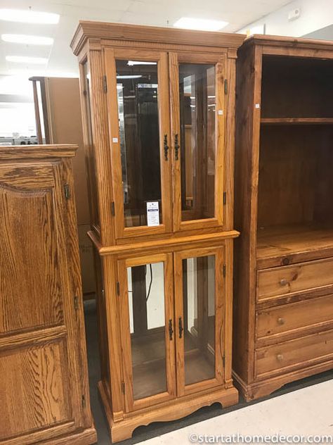 DIY Curio Refinish Curio Cabinet To Liquor Cabinet, Display Case Makeover, Redone Curio Cabinet, Refurbished Display Cabinet, Oak Curio Cabinet Makeover, Curio Makeover, Modern Curio Cabinet Ideas, Repurpose Curio Cabinet Ideas, Repurposed Curio Cabinet Ideas