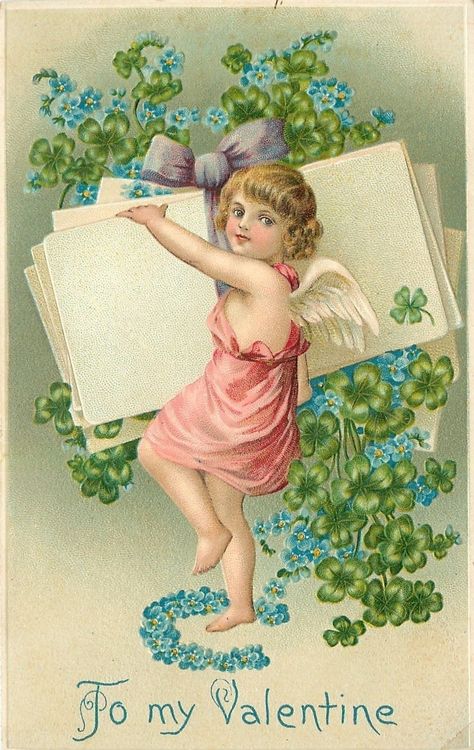 Valentine~Pink Gossamer Cupid~Exaggerated Notes~Forget-Me-Nots~Emboss~BW Germany picclick.com Shamrock Flower, Valentines Day Post, Valentines Envelopes, Valentines Frames, Victorian Valentines, Valentine Cupid, Valentine Postcards, Flowers For Sale, Vintage Valentine Cards