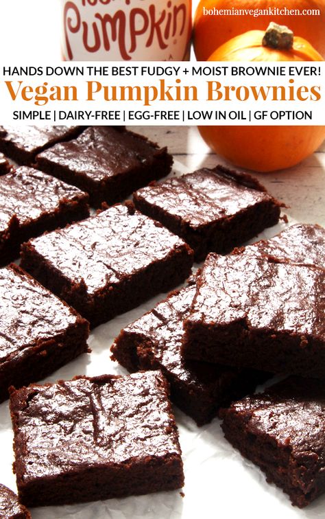 Reward yourself today with these fudgy, moist, and QUICK vegan pumpkin brownies! Taking only 10 min prep and 15 min to bake, these brownies are the MESSIAH of the conventional brownie, because they bring in the heavenly taste of pumpkin spice and rich cacao that is like an answer to all your brownie prayers. #veganpumpkinbrownies #veganpumpkinbrownieseasy #veganpumpkinbrownieshealthy #veganpumpkinrecipes #veganbrownieseasy #veganbrownies #bohemianvegankitchen Vegan Pumpkin Brownies Healthy, Vegan Pumpkin Brownies, Vegan Brownies Easy, Vegan Bakes, Best Vegan Brownies, Vegan Halloween Food, Vegan Brownies Recipe, Pumpkin Brownies, Vegan Pumpkin Recipes