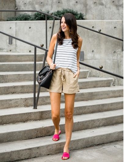 Khaki Shorts Outfit Women, Pink Sandals Outfit, Khaki Shorts Outfit, Out Of Touch With Reality, Safari Shorts, Amanda Miller, Pink Slides, Shorts Outfits Women, Wedding Week