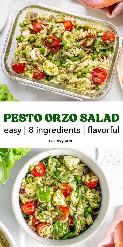 This easy and delicious orzo pesto salad comes together with only a few ingredients. Full of bright, fresh flavor, this hearty pesto orzo salad is perfect for an easy weeknight meal or a meal prep lunch!  This hearty orzo pesto salad is bursting with fresh flavors. Full of cherry tomatoes, peas, basil, shallots, and cheese tossed in a lemony pesto sauce, this pesto orzo pasta salad is just what you need this week! It’s so refreshing and you can eat it straight out of the fridge. Orzo Pesto Salad, Summer Orzo Salad Recipes, Wholesome Salads, Orzo Salads, Pesto Orzo Salad, Orzo Pesto, Pesto Orzo, Homemade Pesto Sauce, Orzo Salad Recipes