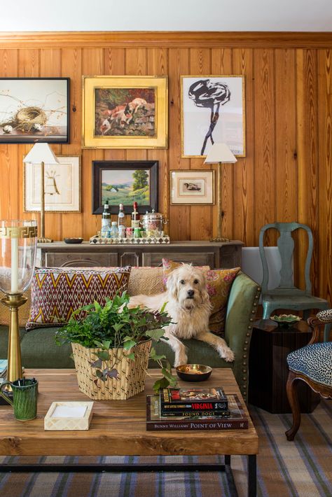 Farmhouse Den, Tavern Room, Housepitality Designs, Pine Paneling, Room 2015, Bunny Williams, Farmhouse Side Table, Pine Walls, Southern Living Homes