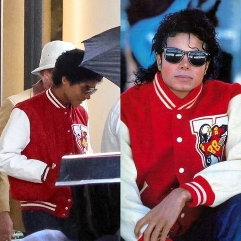 🚨ON SET | Jaafar Jackson sporting the iconic Varsity Jacket for the Michael Jackson Biopic #MichaelMovie Paris Jackson, Jackson Family, King Of Pops, Drama Film, Aesthetic Images, On Set, Michael Jackson, Varsity Jacket, Dancer