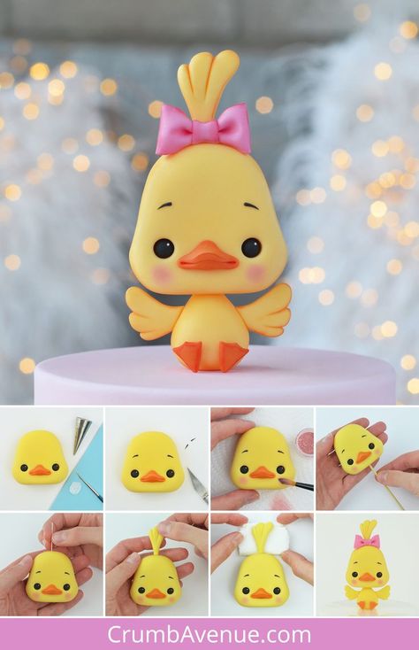 cute baby duck tutorial with templates, how to make a fondant duck cake topper, gum paste duckling, modelling paste, fondant, sugarpaste, kawaii, easter chick, chicken, cake decoratig, birthday cakes for kids, cute fondant cakes for kids, girl, boy, 1st birthday, farm animals, figurine, sugar craft, kids crafts, polymer clay ideas, inspiration, cake decorating online school, crumb avenue tutorials, simple, easy to follow pictorials Polymer Clay Chicken Tutorial, Duck Polymer Clay, Easter Clay Ideas, Duck Cake Ideas, Duck Fondant, Polymer Clay Duck, Duck Cake Topper, Fondant Animals Tutorial, Clay Templates