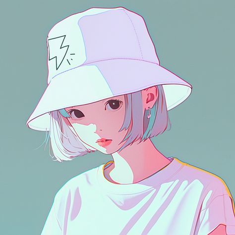 Girl wearing a bucket hat with a lightning illustration in a lo-fi style, gazing confidently into the distance with a relaxed and fashionable demeanor. Hat Drawing Reference Beanie, Bucket Hat Drawing Reference, Bucket Hat Reference, Hat Art Reference, Bucket Hat Character, Bucket Hat Illustration, Hat Reference Drawing, Bucket Hat Drawing, Hat Drawing Reference