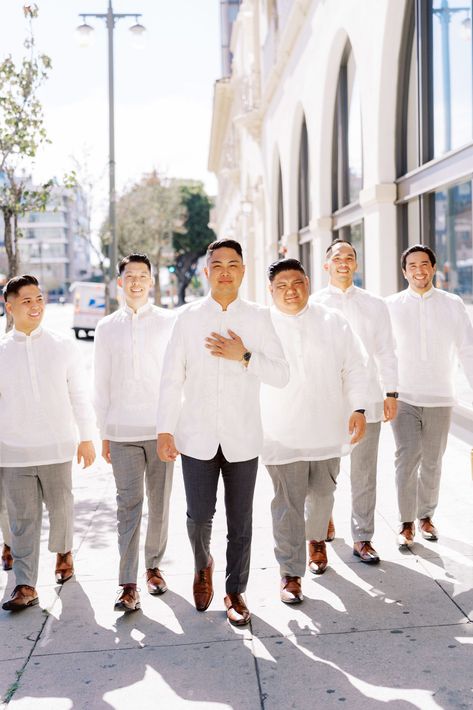 Groom with groomsmen in white traditional suits #losangelesweddingplanner #uniqueandcolorfulweddings Barong Groomsmen, Dream Church Wedding, Groomsmen In White, Church Ceremony Wedding, Groom With Groomsmen, Backyard Wedding Ceremony, Church Wedding Ceremony, Party Reception, Traditional Suit