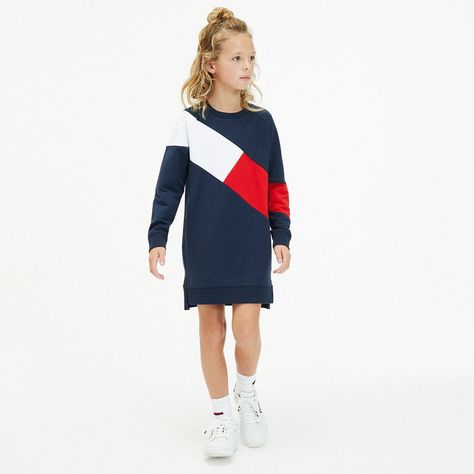 Tommy Hilfiger - Blue Logo Sweatshirt Dress | Childrensalon Best Clothing Brands, Tommy Hilfiger Sneakers, Tommy Hilfiger Kids, Designer Dresses For Kids, Kids Sewing, Blue Flag, Sewing Patterns For Kids, Logo Sweatshirt, Blue Logo