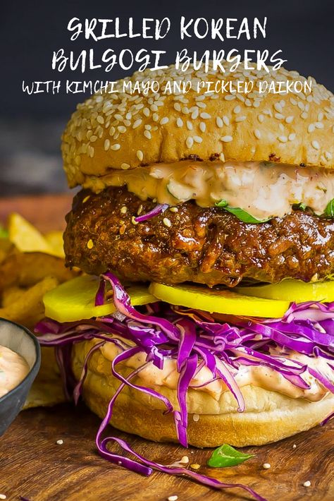 Kimchi Burger Recipe, Korean Burger Recipe, Unique Burger Ideas, Bulgogi Burger Recipe, Bulgogi Sandwich, Bulgogi Burger, Pickled Daikon Recipe, Pickled Daikon Radish, Kimchi Mayo