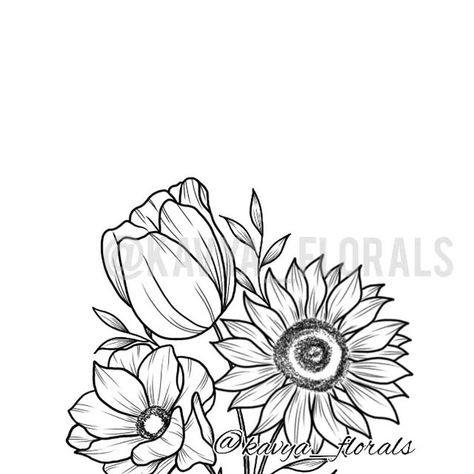 Kavya🔸 Fineline tattoo Designer 🔸 Illustrator on Instagram: "Custom Tattoo Drawing for client 🌸 This design is not available. 📌My books are open now 🔸 DM me for booking DM me for booking 🚫 Please don't copy my tattoo artwork Flowers in this design are : Anemone, Tulip and Sunflower #tattoolife #tattoo #tattooidea #tattoofeminina #tattoosketch #rosetattoo #finelinetattoo #finelinerart #floraltattoodesign #floraltattoo #texas #austin #houston #florida #california #californiatattoo #losange Sunflower And Tulip Tattoo, Sunflower Tattoo Linework, Tulip Line Drawing Tattoo, Sunflower Tattoo Outline Drawing, Continuous Line Sunflower, California Tattoo, Tulip Tattoo, Fineliner Art, Floral Tattoo Design