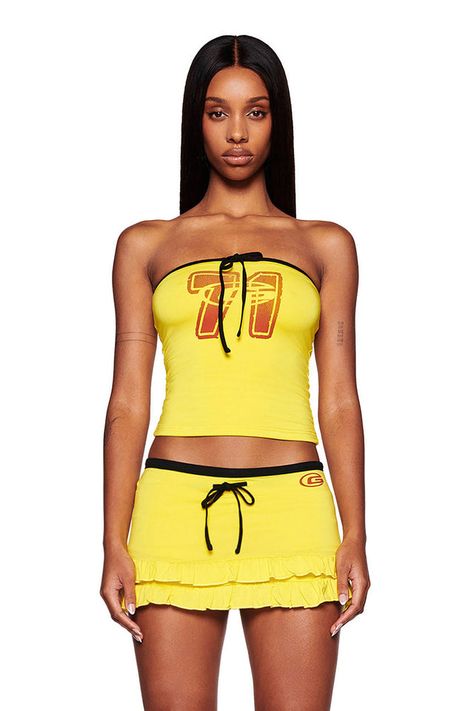 Most Wanted | I.AM.GIA Ruffle Shorts Outfit, Slippers Outfit, Jersey Party, Skirt Lining, Placement Print, Strapless Neckline, Yellow Outfit, I Am Gia, Dolce E Gabbana