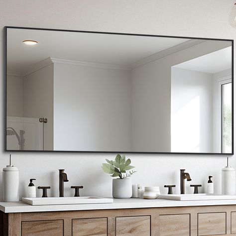 PRICES MAY VARY. HIGH-DEFINITION IMAGING MIRROR: Bathroom wall mirrors are made of high quality glass, the reflection effect is clear and real, not distorted, giving you the most realistic visual experience, which will also make your room more comfortable and beautiful. HIGH QUALITY MIRROR FRAME: The rectangular frame is waterproof, rust-proof and crack-proof, which can meet your sturdy use needs; the polished design of the frame brings you a comfortable touch, and the rectangular corner design Large Rectangular Mirror Bathroom, Large Mirror Over Double Vanity, Bathroom Mirror Black Frame, Wide Mirror Bathroom, Big Mirror Bathroom, Double Sink Bathroom Ideas Decor, Bathroom Mirror Ideas Double Sink, Rectangular Mirror Bathroom, Large Bathroom Mirror Ideas