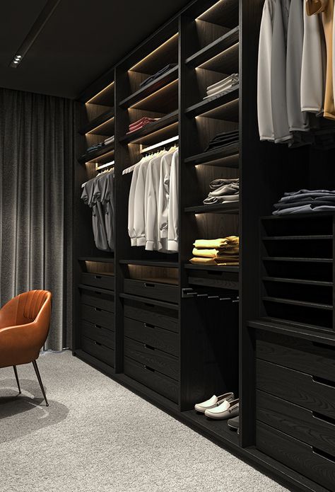 Dark grey apartment in Prague - Dezign Ark (Beta) Black Walk In Wardrobe, Dark Walk In Wardrobe, Dark Wardrobe Design, Dark Wardrobe Bedroom, Dark Closet Ideas, Dark Grey Closet, Dark Walk In Closet, Dark Grey Apartment, Dark Grey Wardrobe