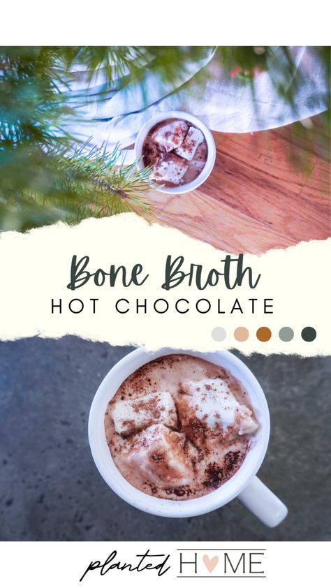 Bone broth hot chocolate: This recipe joins the rich, velvety goodness of hot chocolate with the wholesome nourishment of bone broth. Bone Broth Hot Cocoa, Bone Broth Hot Chocolate Recipe, Bone Broth Breakfast, Hot Chocolate Healthy, Bone Broth Hot Chocolate, Hot Chocolate Toppings, Danielle Walker, Drink Making, Crunchy Mom