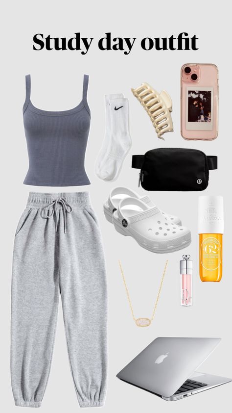 Study day outfit Summer Study Outfit, Finals Week Outfit, Study Day Outfit, Comfy Study Outfit, Outfit Ideas Layout Summer, Studying Outfit, Study Outfit Aesthetic, White Girl Outfits, Cute Nike Outfits