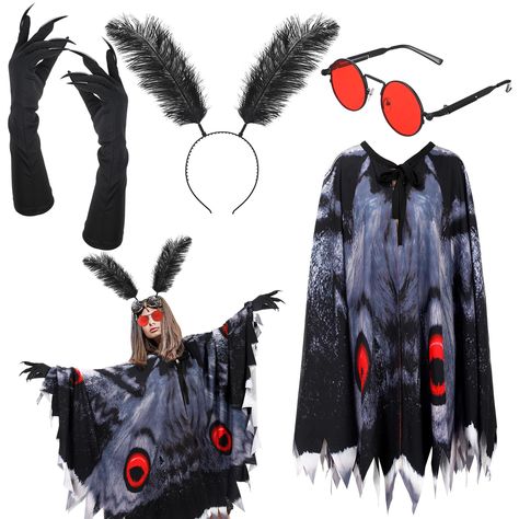 PRICES MAY VARY. Complete Mothman Costume Set: this Halloween Mothman costume comes with a Mothman cape, a pair of red glasses, a black feather headband and a pair of Halloween claw gloves, with this complete set, you are sure to stand out at Halloween parties and casual gatherings Quality Material and Craftsmanship: the Mothman cape and gloves are crafted from polyester, reliable and reusable, not easy to break or fade; The feather headband features a sturdy plastic base, assembled with feather Easy Bat Costume, Big Halloween Costumes, Flatwoods Monster Costume, Diy Monster Headband, Mythical Halloween Costumes, Lunar Moth Costume, Artistic Halloween Costumes, Unhinged Halloween Costumes, Red And Black Halloween Costumes