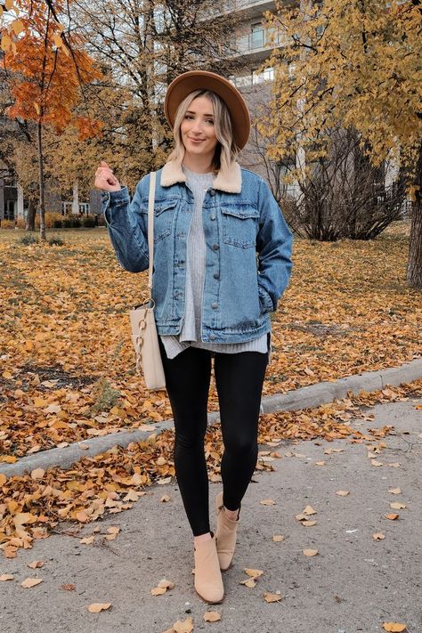 women's fall outfit with sherpa denim trucker jacket and leggings Sweater With Denim Jacket, Sweater And Jean Jacket Outfit, Sherpa Jacket Outfit Denim, Fleece Lined Jean Jacket Outfit, Jean Sherpa Jacket Outfit Women, Sherpa Lined Jean Jacket Outfits, Jean Sherpa Jacket Outfit, Jean Jacket Winter Outfits, Sherpa Lined Denim Jacket Outfit