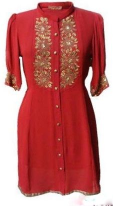 Brick red half sleeves/ three-fourth sleeved kurti or tunic with gold embridery, button down, China collar neck. Chamee and Palak. Sweet Clothes, Western Dress, Rayon Top, Modesty Fashion, Designer Outfits, Indian Suits, Collar Neck, Wardrobe Inspiration, Indian Clothes