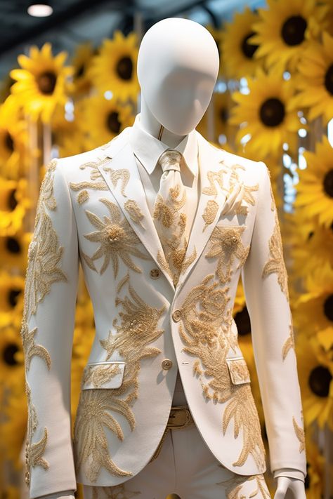 Sunflower inspired suit Floral Suit Men, Nigerian Outfits, Wedding Tux, Gold Suit, Snowflakes Falling, Fancy Suit, Designer Suits For Men, Prom Suits, Royal Outfits