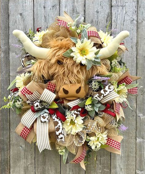 PRICES MAY VARY. 🐮【 Farmhouse Highland Cow Wreath 】- Unique design highland cow decor. Get in the spirit of a grape wreath with a cow, spring flowers, and bow ties. They combine so harmoniously that they are perfect to welcome Easter. 🐮【 Highland Cow Head Wreath 】- This highland cow wreath is the perfect addition to any farmhouse or rustic home decor. Made with a highland bull's head and a bonus ribbon, this wreath is lovely and durable. The hand-stitched design of the highland cattle makes it Cow Wreaths, Highland Cow Wreath, Spring Front Porch Decor, Cow Wreath, Welcome Signs Front Door, Colorful Cottage, Cottage Wreath, Spring Front Door Wreaths, All Season Wreath