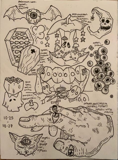 Grunge halloween eyeball ghost creepy doodle page Small Sketches Doodles Art Journals, Spooky Doodle Art, Page Filler Doodles, Cryptid Doodles, Doodle Page Aesthetic, Note Book Doodles Grunge, Halloween Decorations Drawings, Sketchbook Page Fillers, Small Creepy Doodles