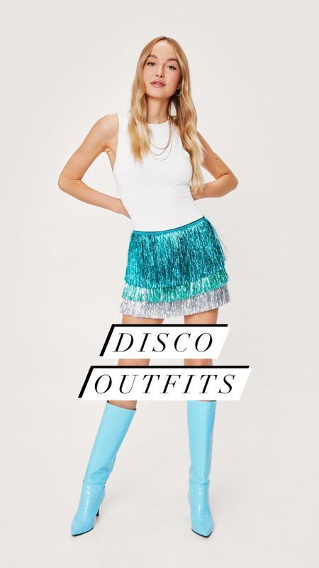 Disco Outfit Accessories, Disco Costume For Women Diy, Blue Disco Bachelorette, Bachelorette Disco Outfit, Summer Disco Outfit, Disco Women Outfits, Womens Disco Outfit, Glam Disco Outfit, Disco Attire For Women