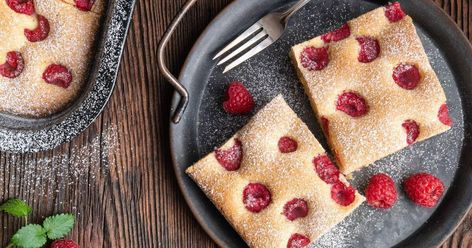 Michelle Darmody: How to bake a raspberry traybake — and the mistakes to avoid Raspberry Traybake, Flat Cakes, Puff Pastry Tart, Raspberry Recipes, Feed A Crowd, Lemon Meringue Pie, Ground Almonds, Coconut Butter, Feeding A Crowd