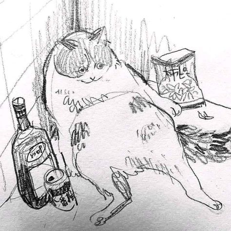 Drunk Cat, Cat Doodle, Cat Sketch, 강아지 그림, Arte Sketchbook, Sketchbook Art Inspiration, Cat Drawing, Funky Art, A Drawing