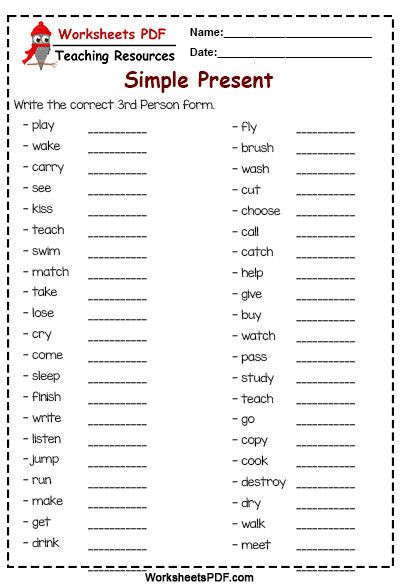 Write the Verbs in the Third Person Singular Present Simple Tense Worksheet, Simple Present Worksheet, Third Person Singular, Simple Present Tense Worksheets, Ingles Kids, Verbs Worksheet, English Grammar Exercises, Simple Present Tense, Verbs List