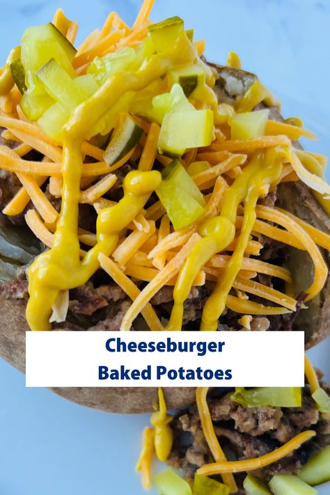 Cheeseburger Baked Potatoes are super simple to make and require very few ingredients. It can even be an excuse to get a little more room in your refrigerator by using up the few remaining pickles at the bottom of the jar, or that last little bit of leftover cheese. Cheeseburger Baked Potato, Leftover Cheese, Thawing Turkey, Food World, Baked Potato Recipes, My Favorite Recipes, Lean Beef, Green Bean Casserole, Bean Casserole