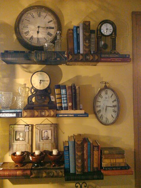 clocks and books! Bookish Stuff, Steampunk Decor, Time Will Tell, Old Clocks, Antique Clocks, What Time Is It, Book Shelves, Antique Wall Clock, Vintage Clock