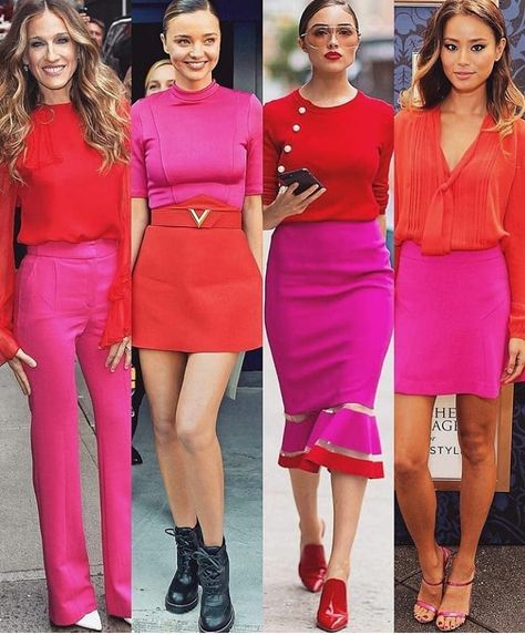 Pink and red outfits Red And Pink Outfit, Pink Top Outfit, Pink Skirt Outfits, Pink Outfit Ideas, Pink Pants Outfit, Hot Pink Outfit, Neon Prom Dresses, Look Office, Looks Pinterest