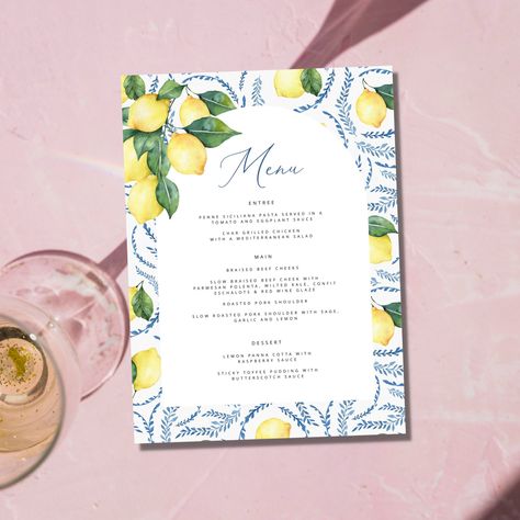 Lemon wedding menu cards, lemon floral menu template, bridal shower lemon menu, Italian tiles menu card, Italian wedding menu et152 Bridal Shower Lemon, Lemon Wedding, 21 Diner, Food Party, Italian Tiles, Wedding Menu Cards, Menu Card, Italian Wedding, Table Number