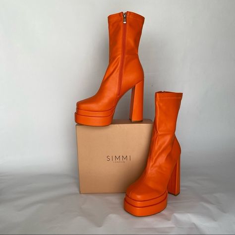 SIMMI London Martha Orange Double Platform Block Heel Ankle Boots Orange Platform Boots, Orange Platform Heels, Orange Clothes, Winx Stella, Orange High Heels, Orange Boots, Orange Things, Orange Heels, Platform Heels Boots