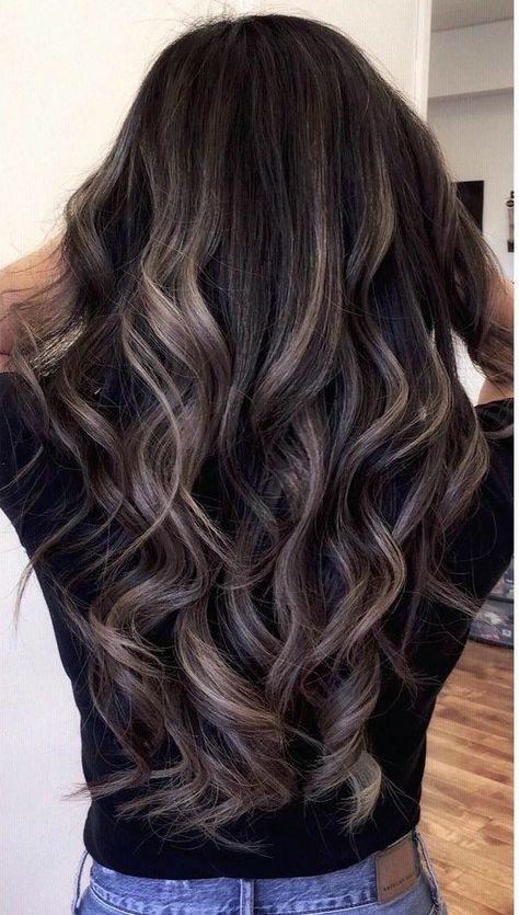 Dark Hair With Smokey Highlights, Bayalage Highlights On Dark Hair Black, Inside Highlights Hair, Dark Brown Hair Gray Highlights, Full Highlight On Black Hair, Dark Hair With Blended Highlights, Soft Black Hair With Dimension, Black With Lowlights, Baylage Hair Black Hair